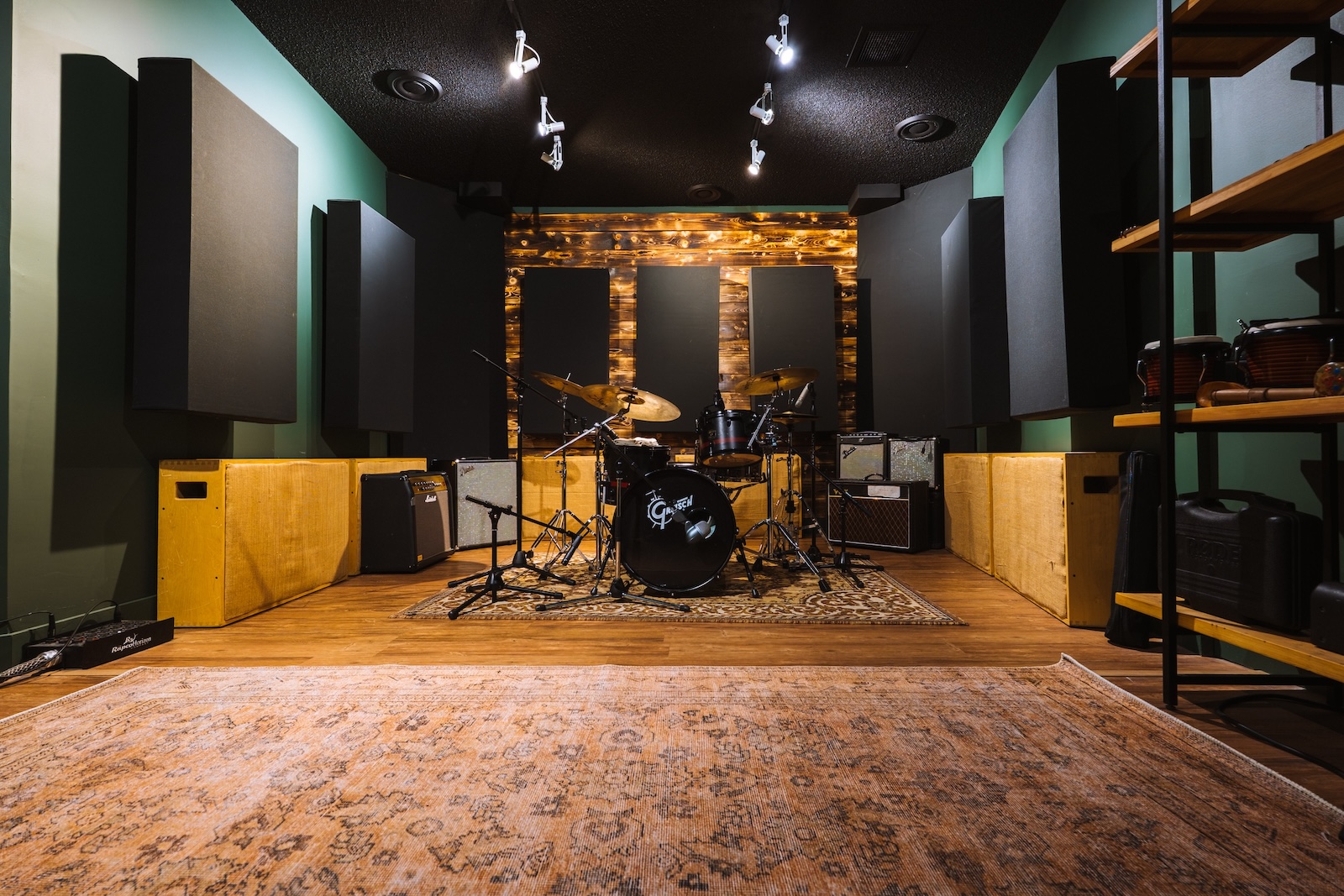 Resonate live room with drum kit and acoustic treatment