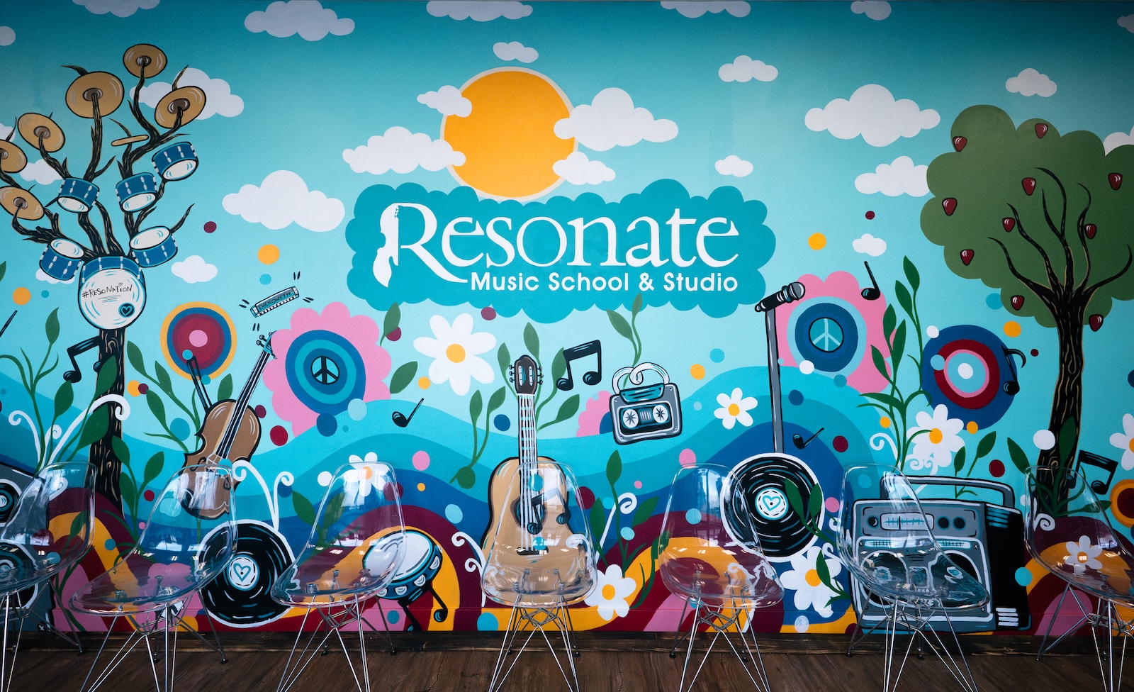 Wide view of the Resonate lobby mural