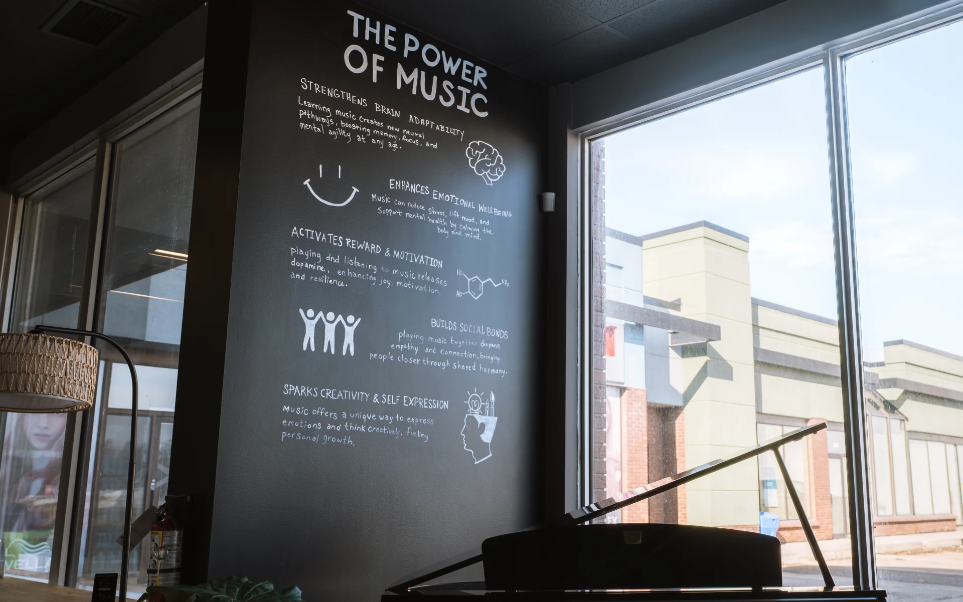 The Power of Music wall at Resonate Music School & Studio in Edmonton – hand-painted on a black wall above a piano in the lobby